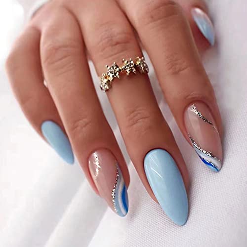 Stylish Blue Acrylic Nails with Unique Design 10 Piece Set