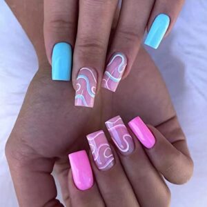 24 Piece Set Blue Pink Acrylic Nail Art Designs for Stylish Trendy Nails