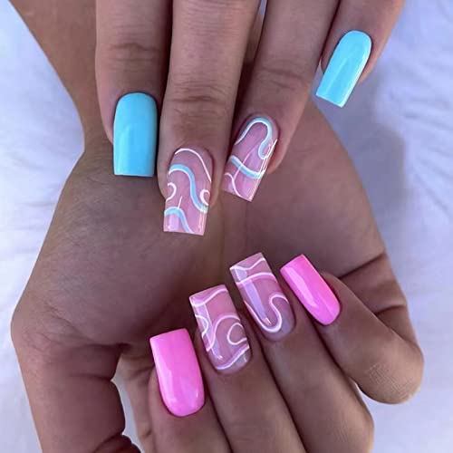 24 Piece Set Blue Pink Acrylic Nail Art Designs for Stylish Trendy Nails