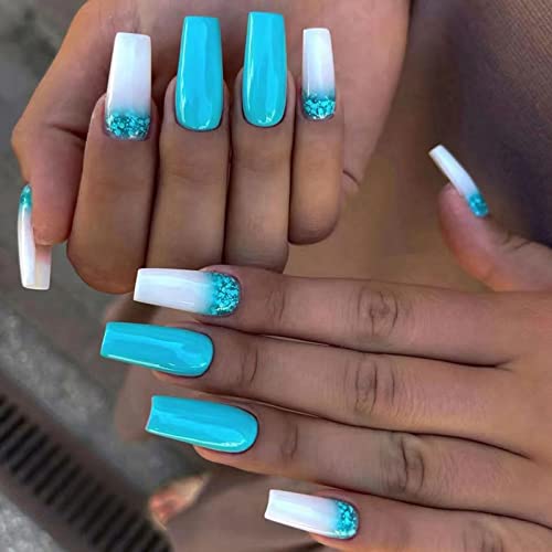 Blue and White Acrylic Nail Designs for Stylish Manicures, Set of 24 Pieces
