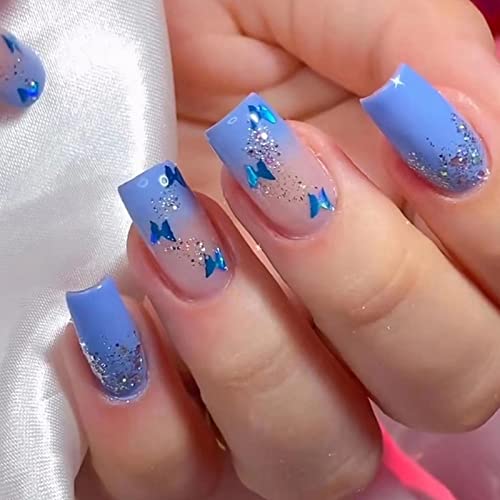 Elegant Blue Butterfly Acrylic Nail Art Design for Special Occasions
