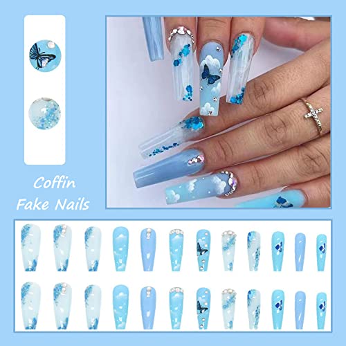 Chic Blue Butterfly Acrylic Nail Set 24 Pieces Durable & Easy Application - Image 5