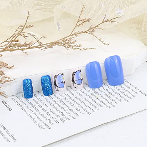 Blue butterfly design on acrylic nails. - Image 3