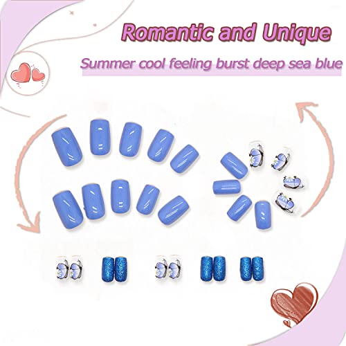 Blue butterfly design on acrylic nails. - Image 5