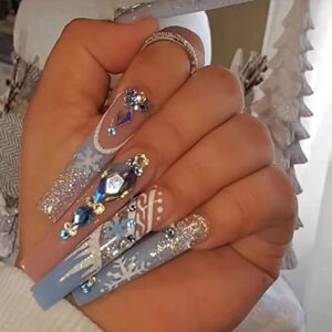 Festive Blue Christmas Acrylic Nail Design Set for Holiday Nail Art