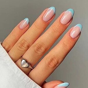 24 Piece Blue French Acrylic Nail Design Set for Stylish Elegant Manicures