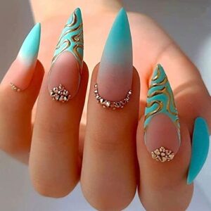 Long Length Blue Stiletto Acrylic Press-On Nails for a Stunning Manicure