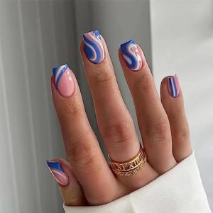 Blue Swirl Acrylic Nails Set, Durable and Easy to Apply, Full Cover