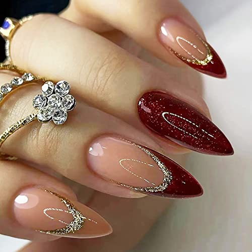 Burgundy & Gold Acrylic Nail Set - 24 Piece Elegant Nail Art Collection