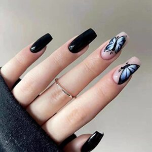 Butterfly Coffin Acrylic Nails Set for Stylish Nail Art - 24 Pieces
