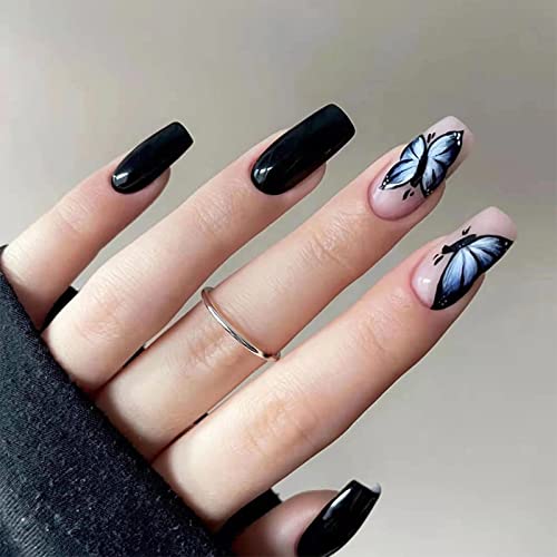 Butterfly Coffin Acrylic Nails Set for Stylish Nail Art - 24 Pieces