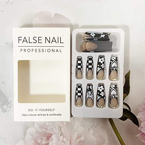 24pc Checkered Black White Acrylic Nail Tips for Chic Nail Art Designs - Image 4