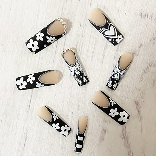 24pc Checkered Black White Acrylic Nail Tips for Chic Nail Art Designs - Image 5