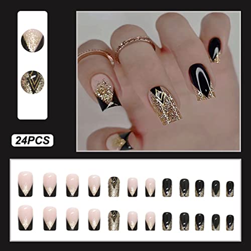 Chic Black and Gold Acrylic Nails Set 24 Piece Medium Size Stylish Manicure - Image 2