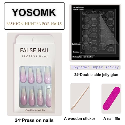 24-Piece Ombre Glitter Coffin Acrylic Nails Set Durable Stylish Design - Image 2
