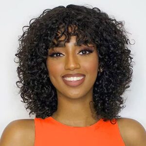 14 Inch Curly Bang Human Hair Wig for Women Natural Look Lightweight