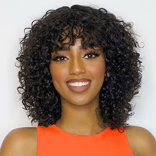 14 Inch Curly Bang Human Hair Wig for Women Natural Look Lightweight