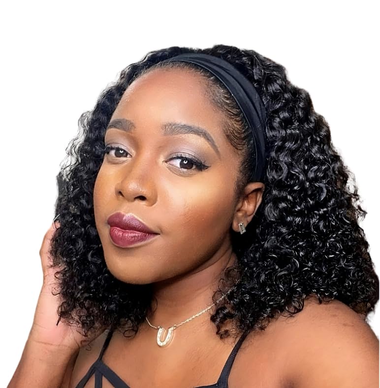 22 Inch Curly Human Hair Headband Wig for Women, Natural Feel and Look