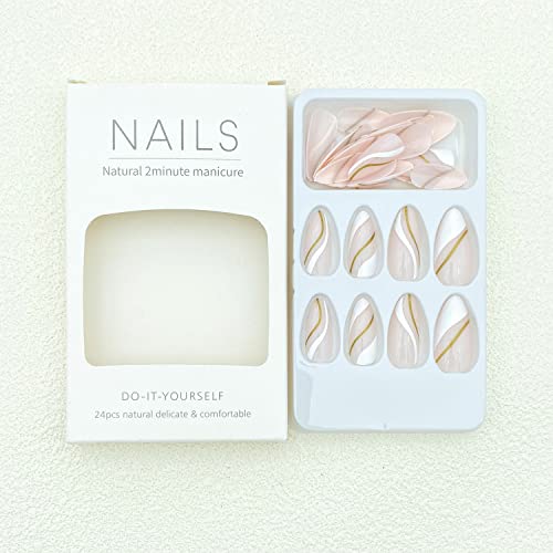 Set of 24 Elegant White and Gold Acrylic Nails for Stunning Manicure - Image 7