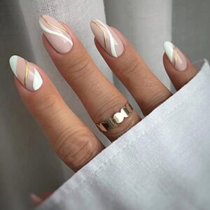 Set of 24 Elegant White and Gold Acrylic Nails for Stunning Manicure