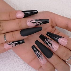 24 Piece Flame Coffin Acrylic Nails Design Set for Stunning Nail Art