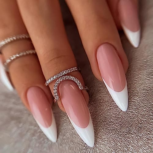 French Tip Almond Acrylic Nails Set - 24 Piece, Durable and Stylish Manicure