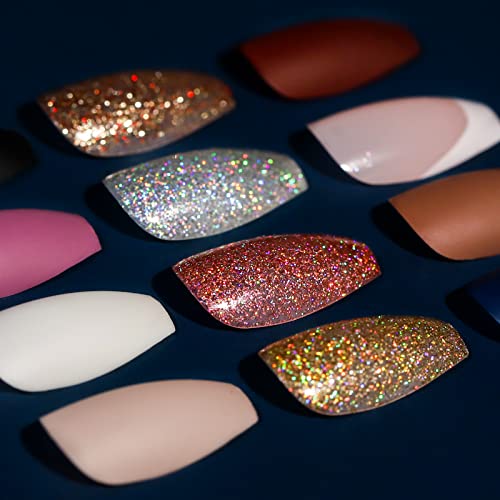 24 Piece Glitter Coffin Acrylic Nail Set for Elegant Nail Art