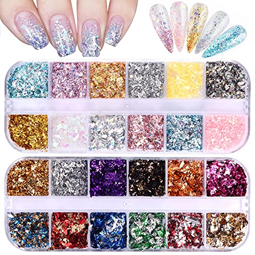 Gold Flake Long Length Acrylic Nails Set - 24 Piece Fashionable Nail Art Design