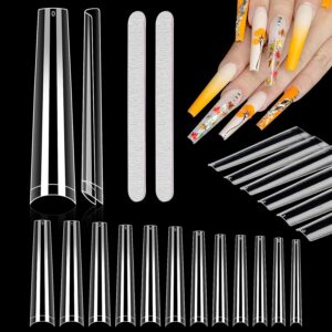Long coffin acrylic nails.