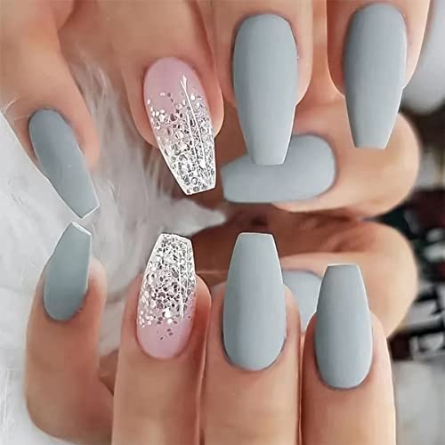 Matte Grey Acrylic Nails Set 24 Pieces for a Stylish and Elegant Look
