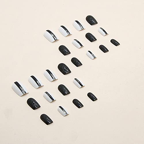 24 Piece Monochrome Acrylic Nails Set Black White Silver - Image 6