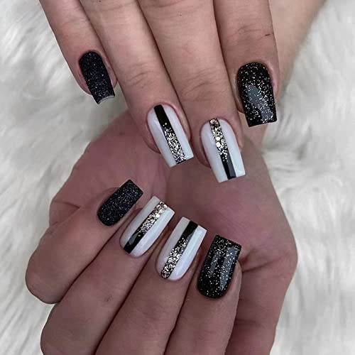24 Piece Monochrome Acrylic Nails Set Black White Silver