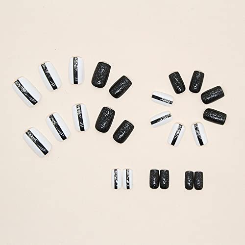 24 Piece Monochrome Acrylic Nails Set Black White Silver - Image 4