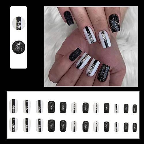 24 Piece Monochrome Acrylic Nails Set Black White Silver - Image 2