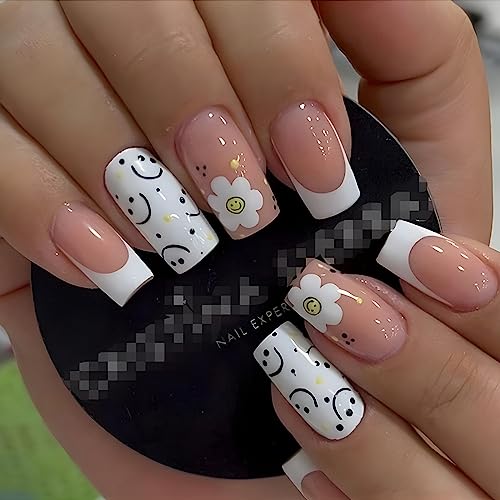 Monochrome Smiley Face Acrylic Nail Tips for Stylish Nail Art and Design 24 Count