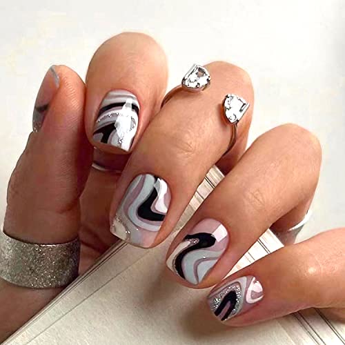24pc Monochrome Striped Acrylic Nail Set for Stylish Nail Art