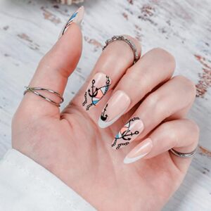 Summer Nautical Anchor Acrylic Nail Set Medium Size for Stylish Looks