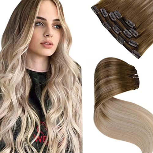 18 Inch Ombre Brown to Blonde Human Hair Clip-In Extensions for Natural Volume