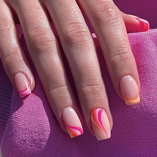 24 Piece Orange and Pink Acrylic Nail Set for a Chic, Ready-to-Wear Manicure