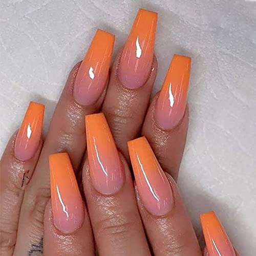 Orange Coffin Acrylic Nails 24 Piece Set Medium Length