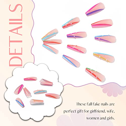 Vibrant Rainbow Coffin Acrylic Nails 24pc Set for Stylish Manicure - Image 3