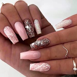 Rose Gold Acrylic Christmas Nail Design Set Festive Nail Art 24 Piece