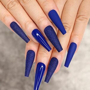 Royal Blue Acrylic Coffin Nails Set for Elegant Nail Art and Design