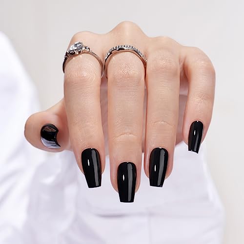 Short Black Acrylic Coffin Nails for Elegant Nail Art Design 24pc Set - Image 2