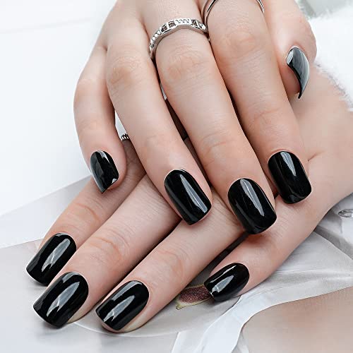 24-Piece Short Black Squoval Acrylic Nails for Elegant & Stylish Manicures