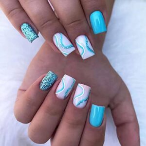 Short Blue Acrylic Coffin Nails for Stylish Trendy Nail Art Designs