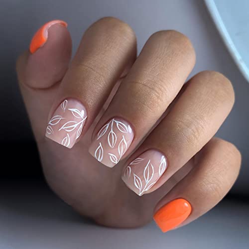 Short orange acrylic nails for a vibrant look.