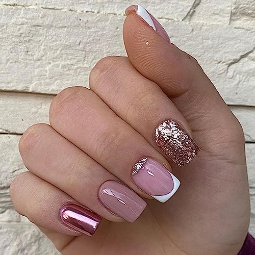 Short Rose Gold Acrylic Nails Set, 24 Piece Full Cover, Elegant Manicure