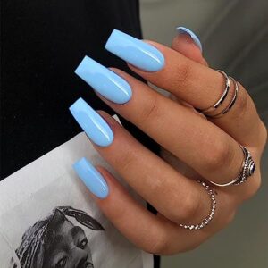 Square Blue Acrylic Nail Design for Stylish and Trendy Nail Art, 24 Pieces