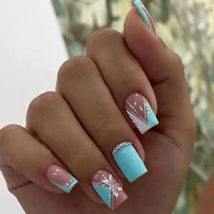 Teal Acrylic Nail Designs Set 24 Piece Manicure Kit Medium Length